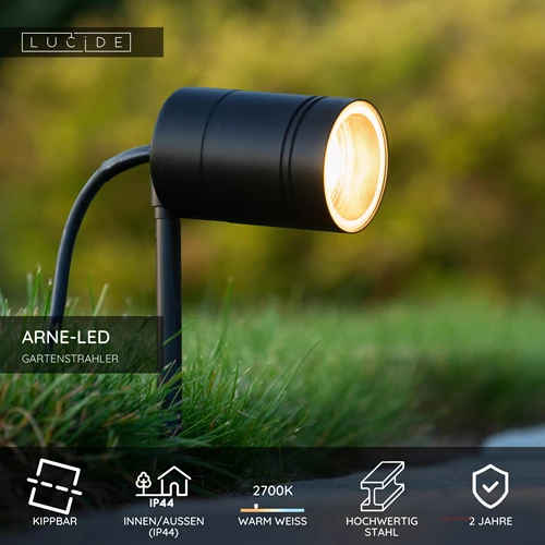 Lucide ARNE-LED - Gartenstrahler - Ø 6,3 cm - LED - GU10 - 1x5W 2700K - IP44 - Schwarz - USP